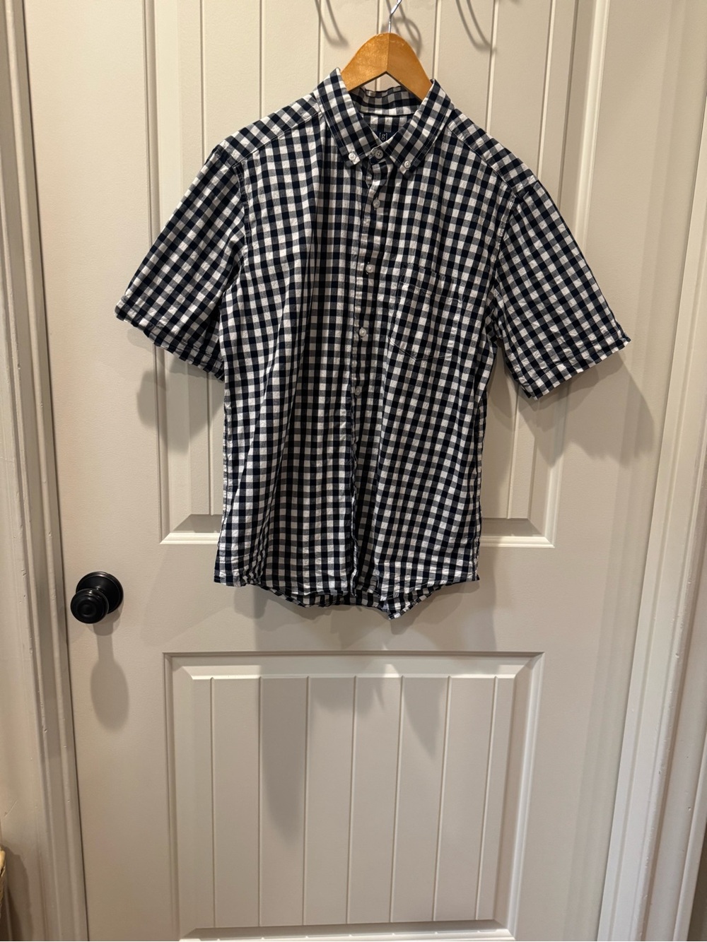 George Men's Classic Fit Short Sleeve Gingham Button Down Shirt Navy White M